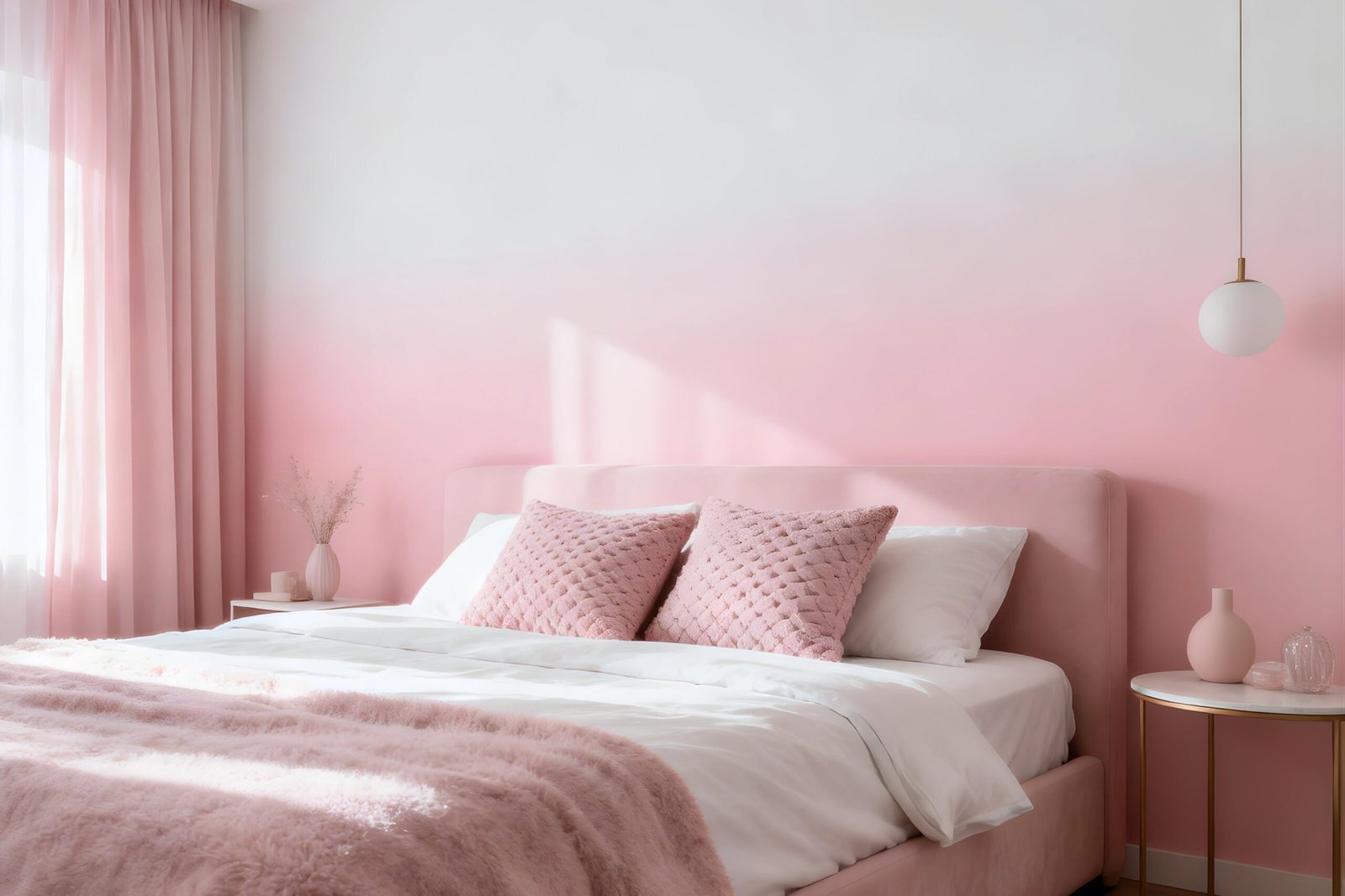 Modern bedroom with pink ombre wall, velvet bed frame, and soft textured pillows.