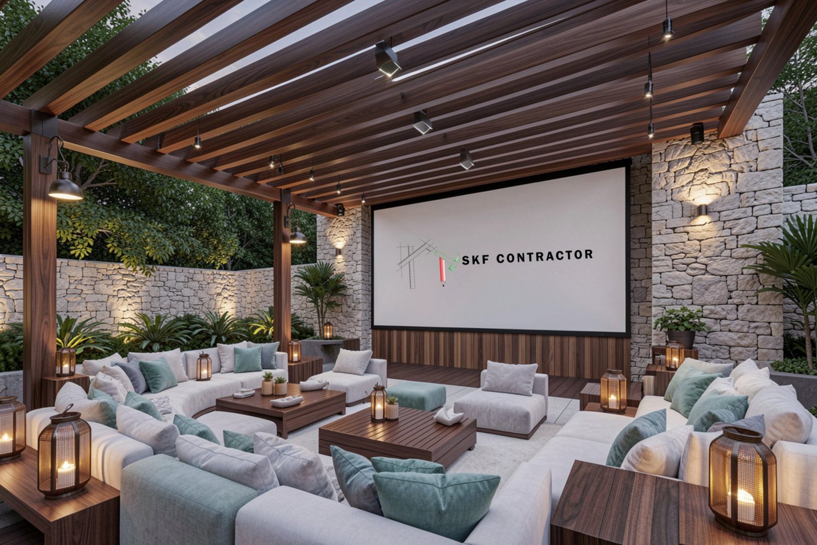 Luxury outdoor home theater with sectional seating, stone walls, and a wooden pergola for modern backyard living.