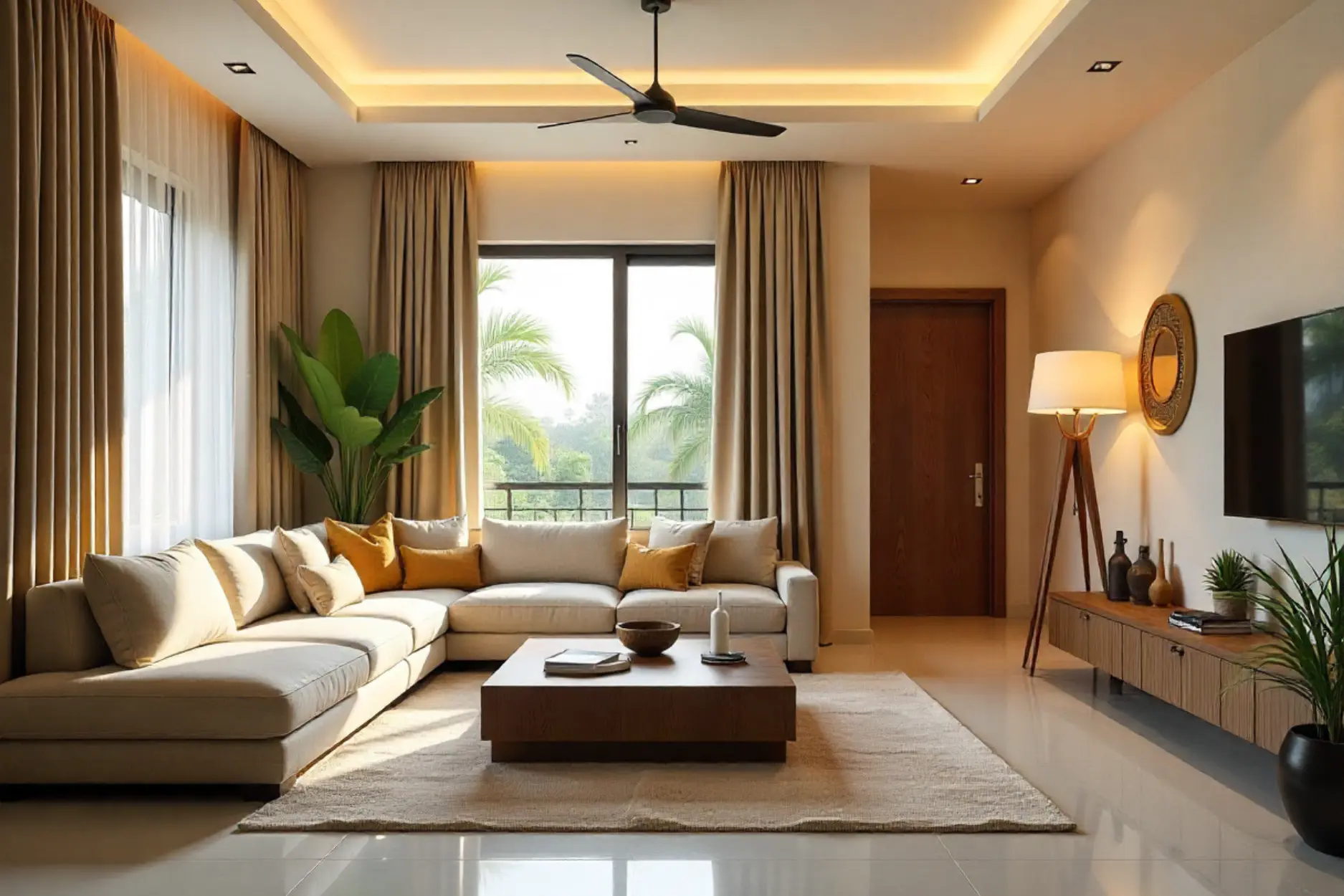 Modern living room with a beige sectional sofa, wooden coffee table, and warm cove lighting.