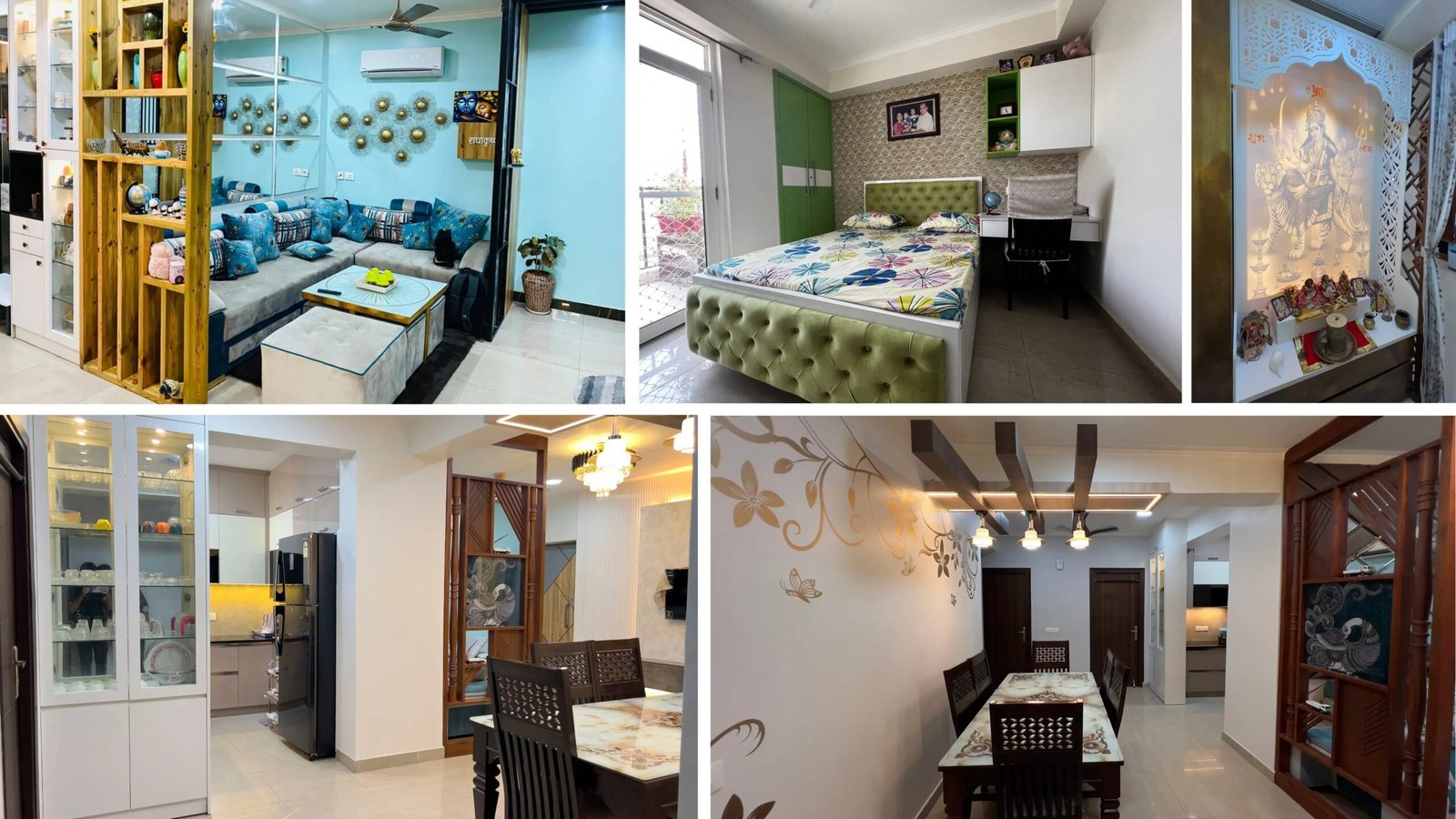 Modern Indian home interior design showcasing a blue living room, green bedroom, and traditional puja room.