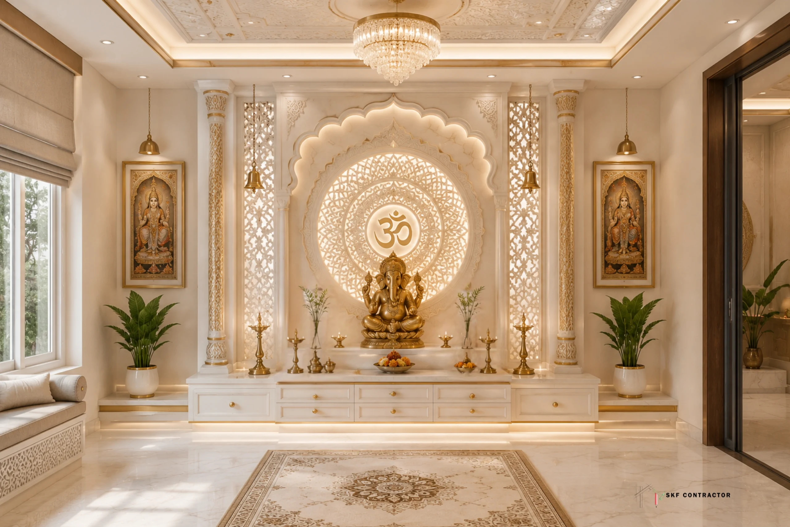Elegant marble Hindu puja room featuring a golden Ganesha idol and backlit Om symbol wall panel.