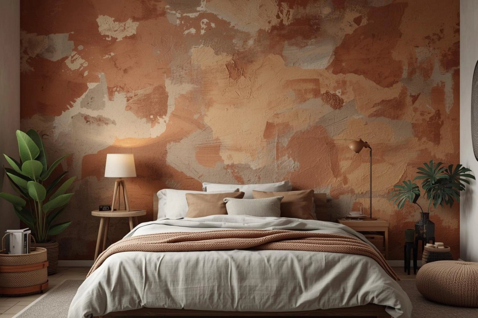 Modern bedroom with earthy terracotta textured wallpaper, minimalist bedding, and indoor plants.