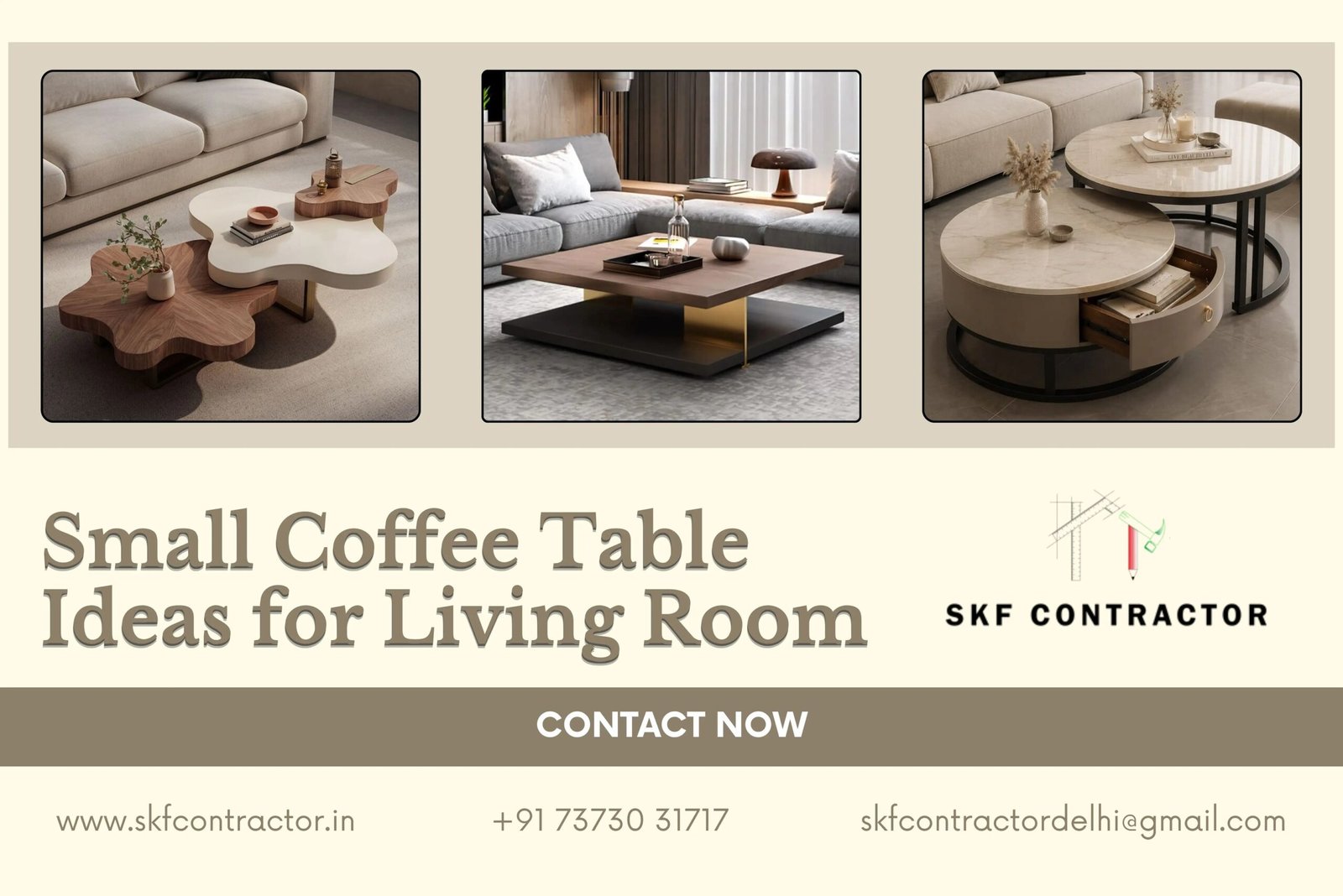 Modern small coffee table ideas for living rooms featuring nested, square, and round marble designs.