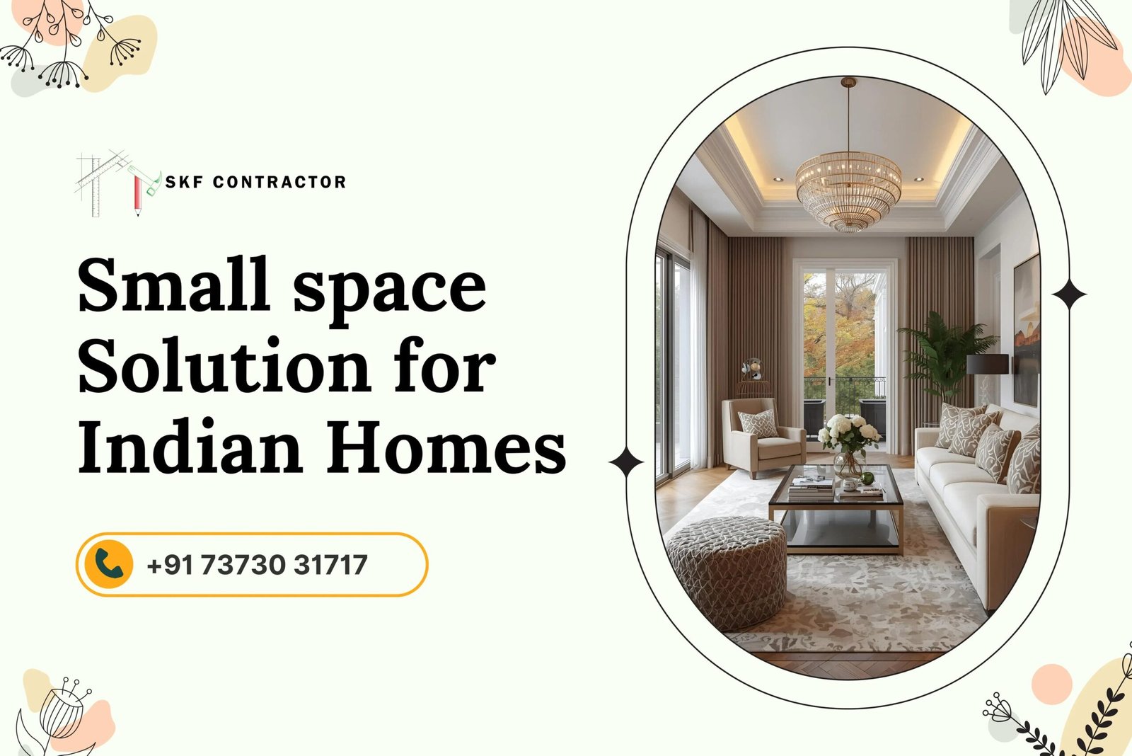 Modern living room interior design with luxury chandelier and sofa, offering small space solutions for Indian homes.