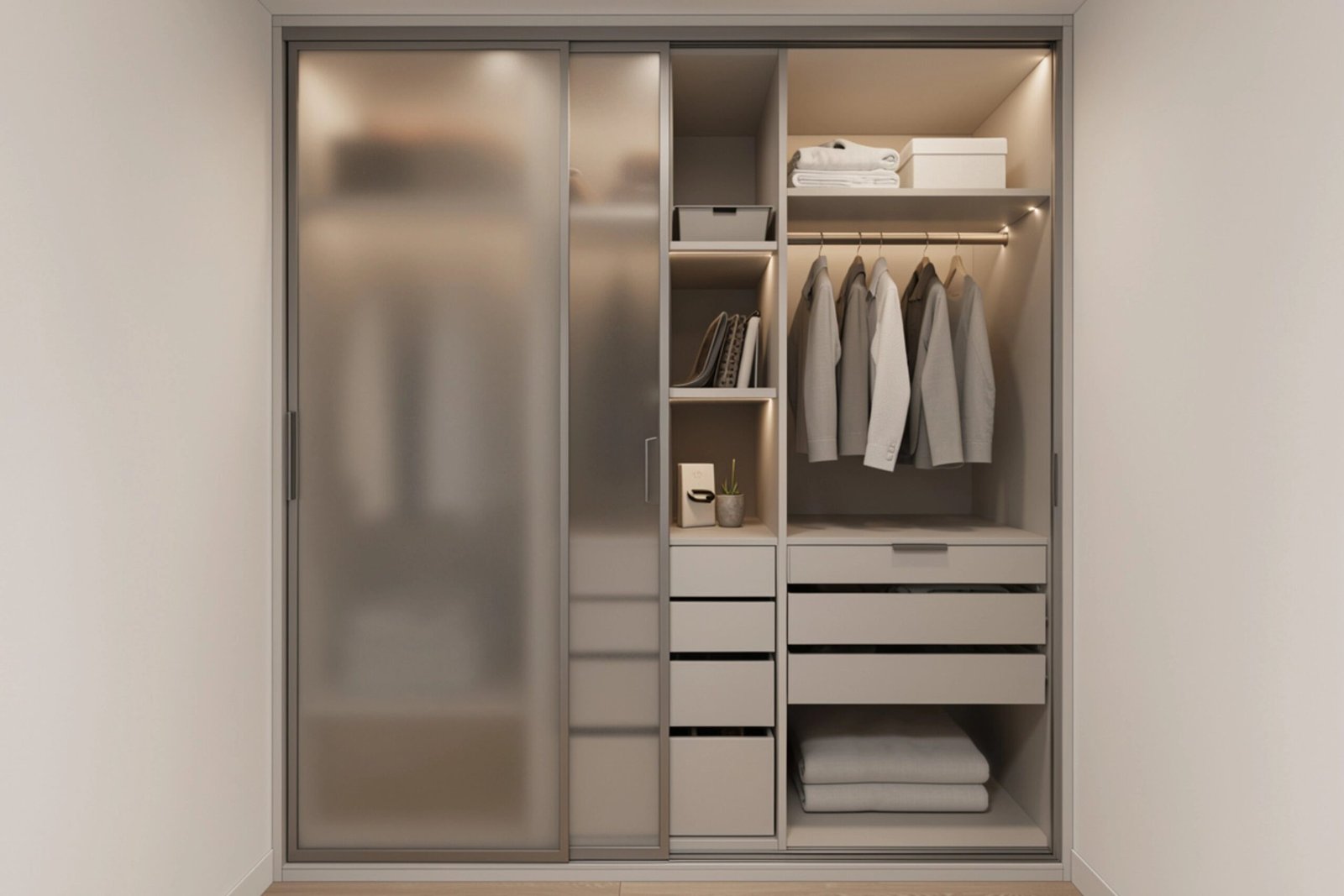 Modern custom wardrobe with frosted glass sliding doors, built-in LED lighting, and organized storage shelves.