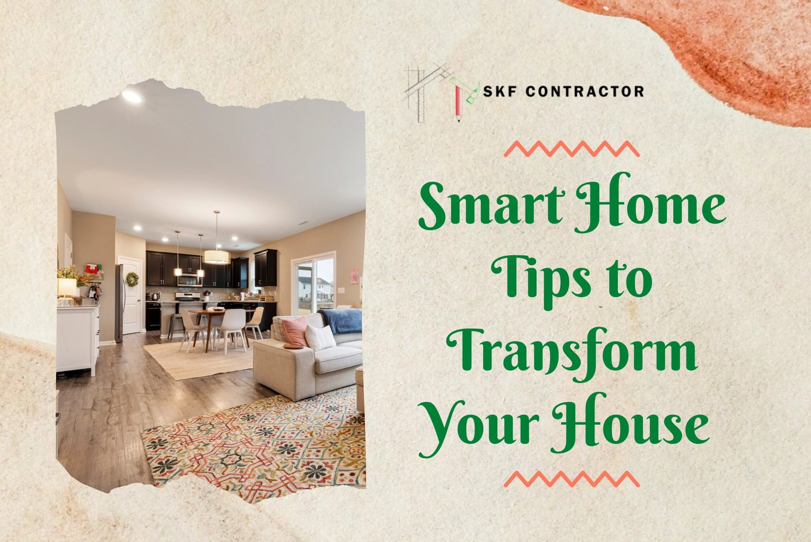 Modern open-concept living room and kitchen featuring smart home tips for house transformation by SKF Contractor.