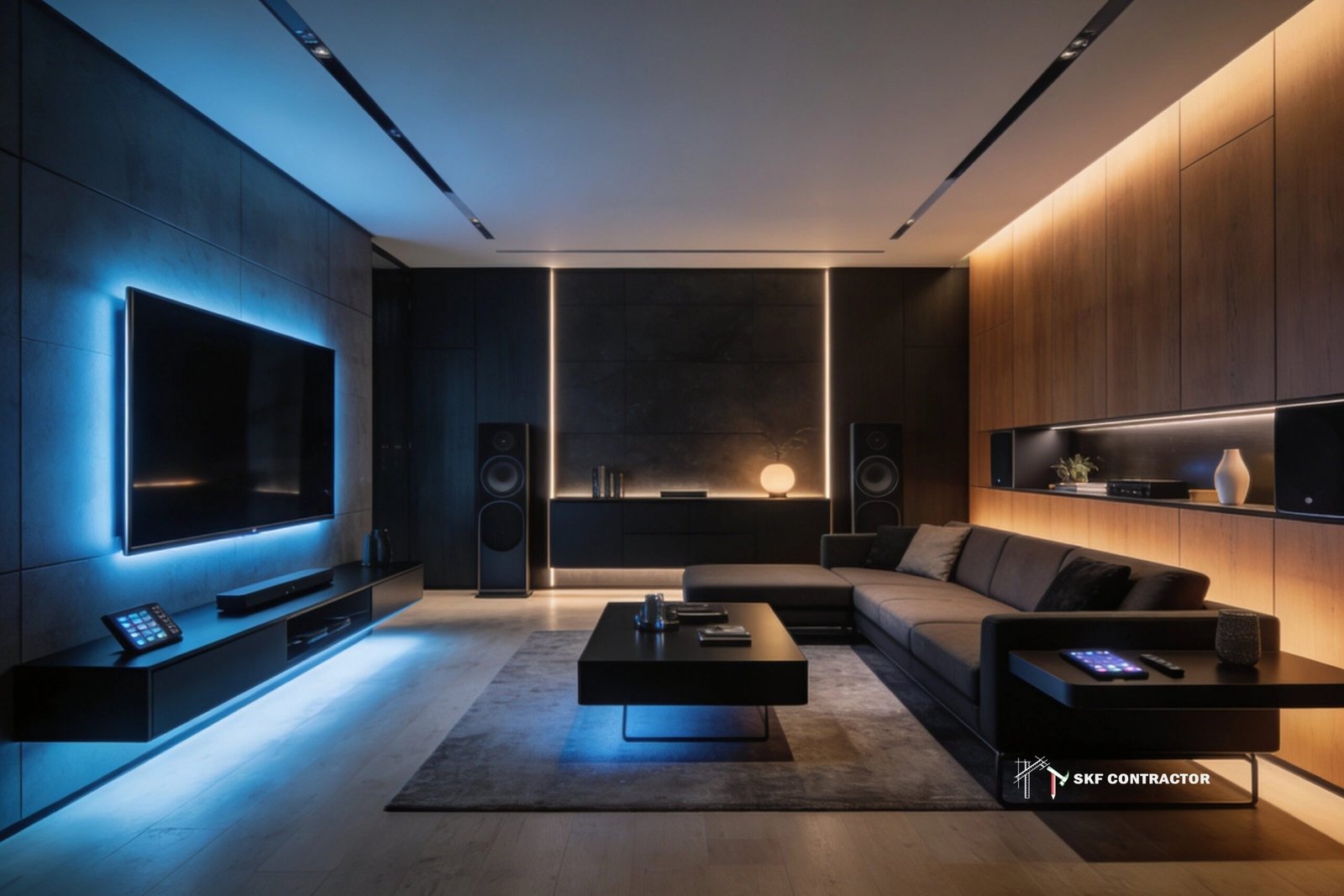 Modern luxury home theater with ambient blue and warm LED lighting, featuring a large screen and sleek sectional sofa.