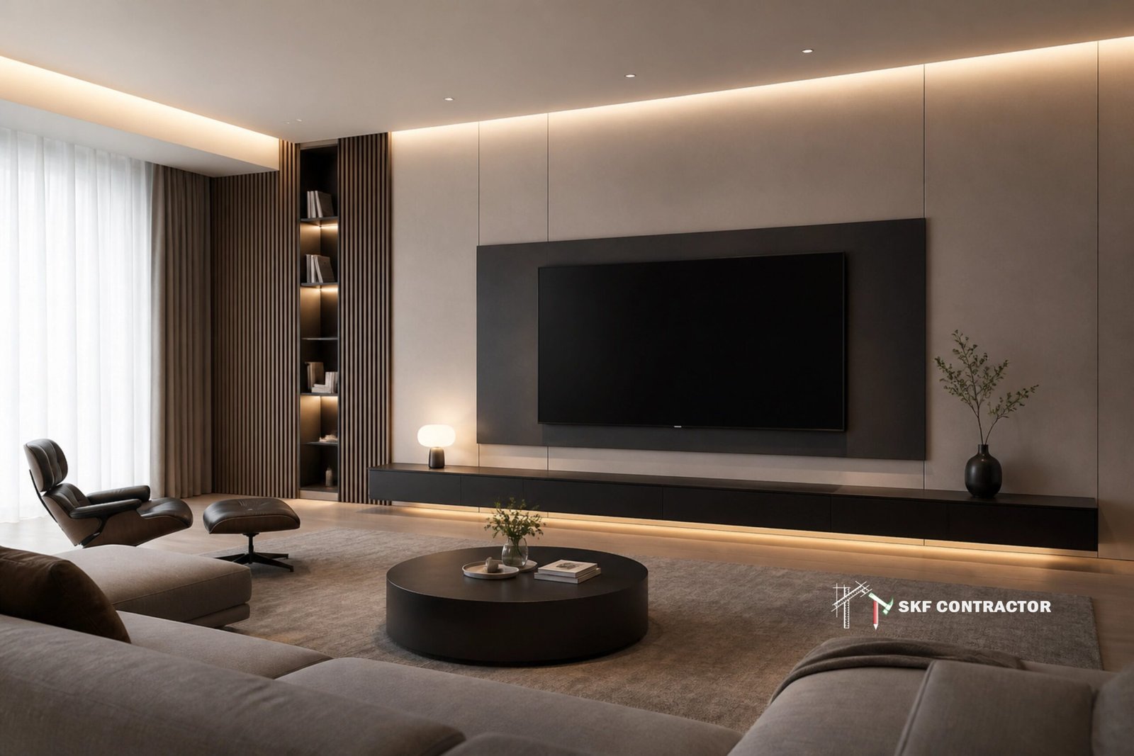 Modern living room interior with a wall-mounted TV, wood slat accents, and warm ambient cove lighting.