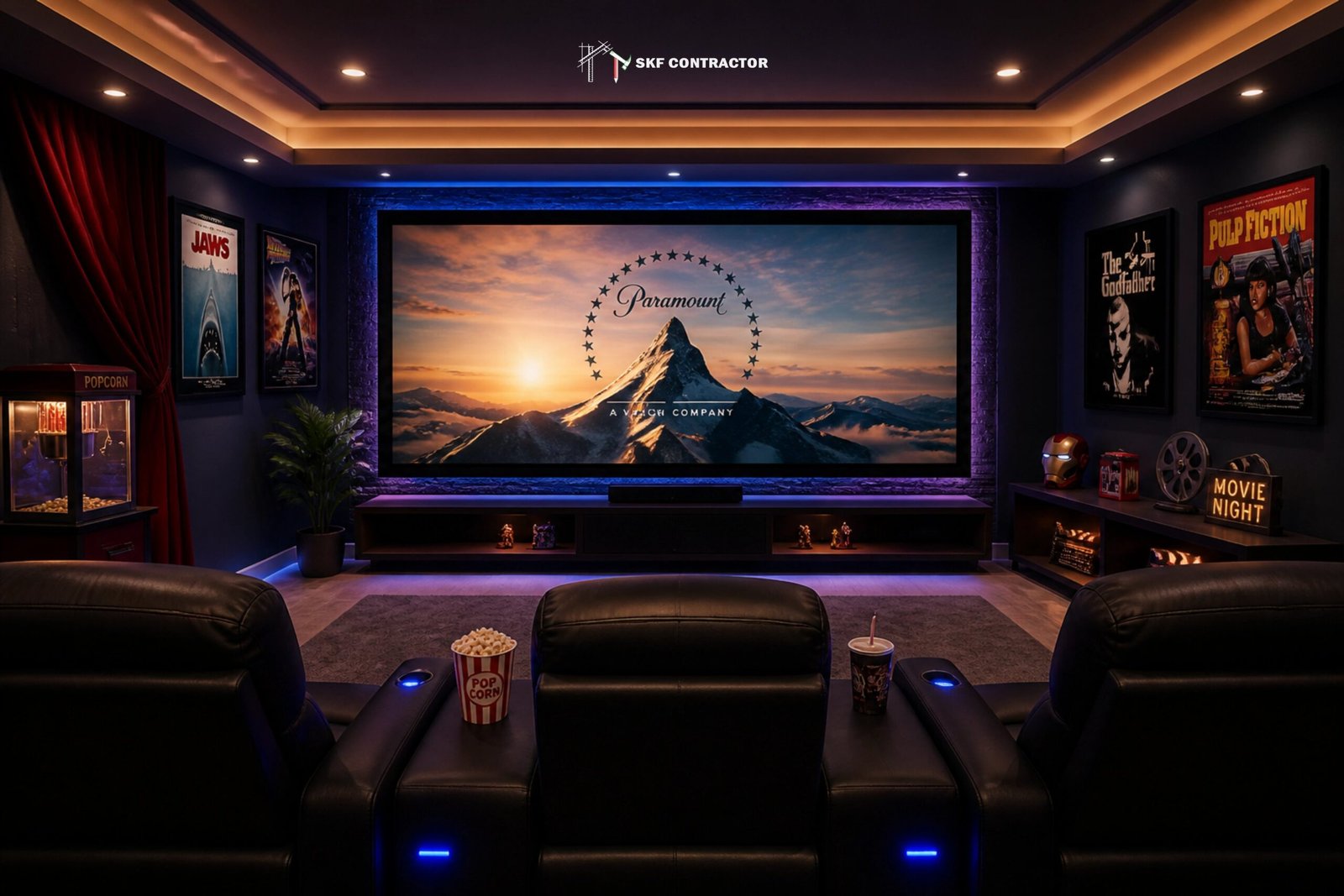 Luxury home theater room with leather recliner seats, a large cinema screen, and ambient LED lighting.