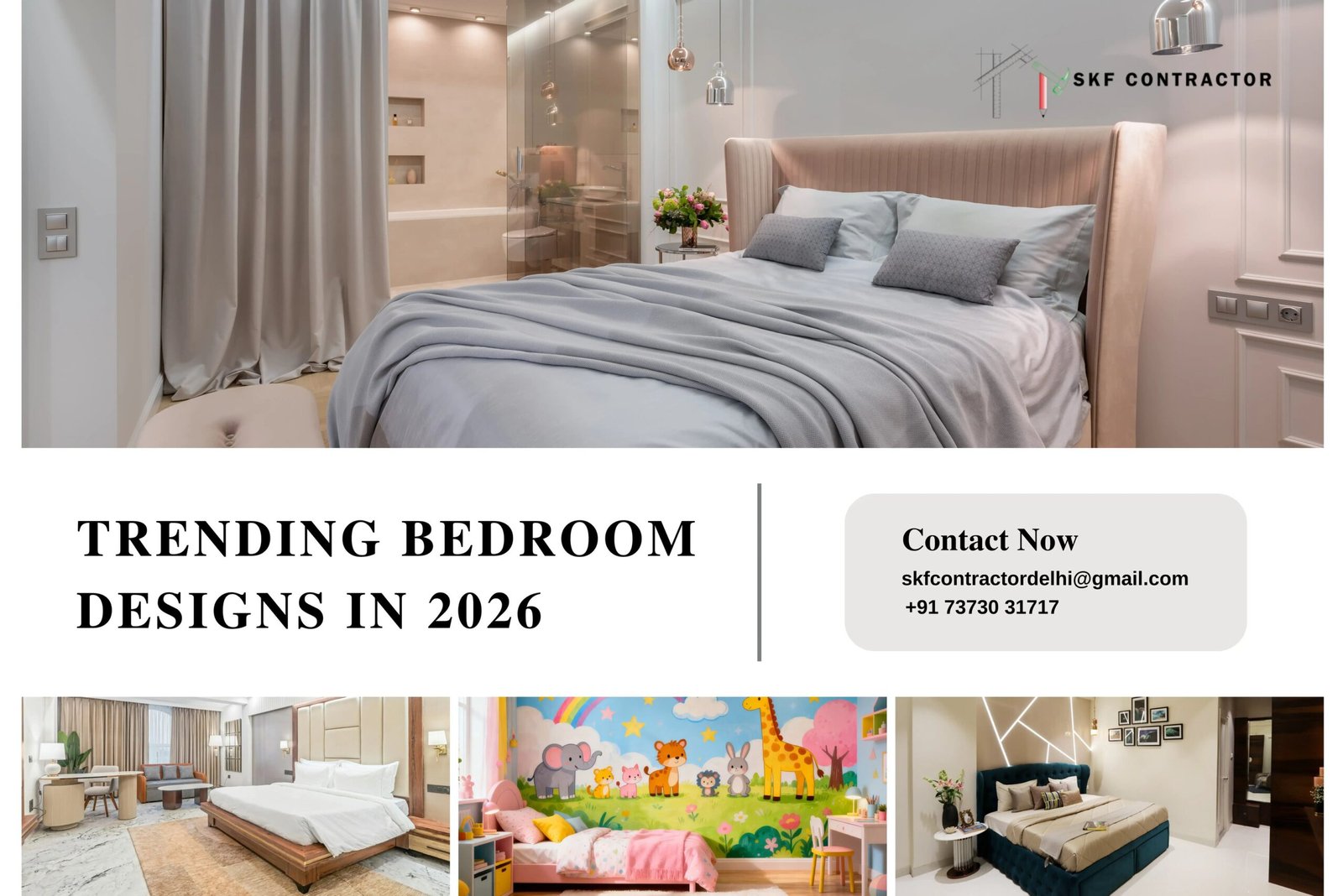Modern luxury bedroom interior design trends for 2026 showcasing elegant furniture and decor by SKF Contractor.