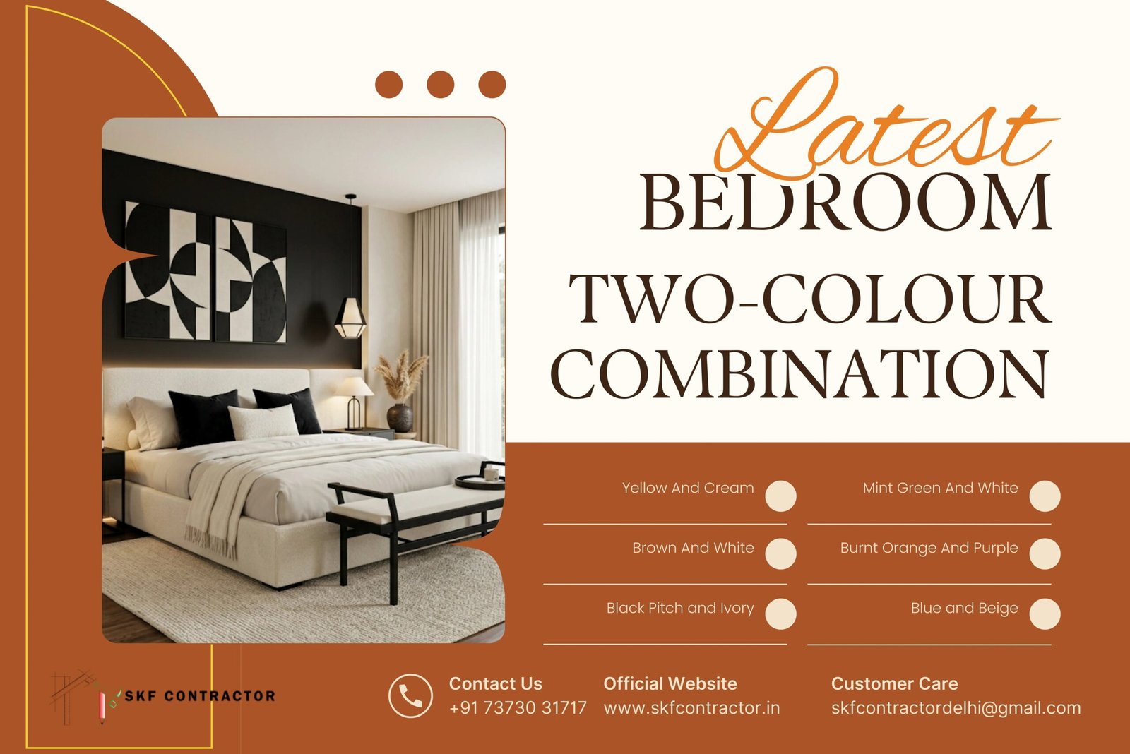 Modern bedroom two-colour combination design featuring a black accent wall and ivory furniture.