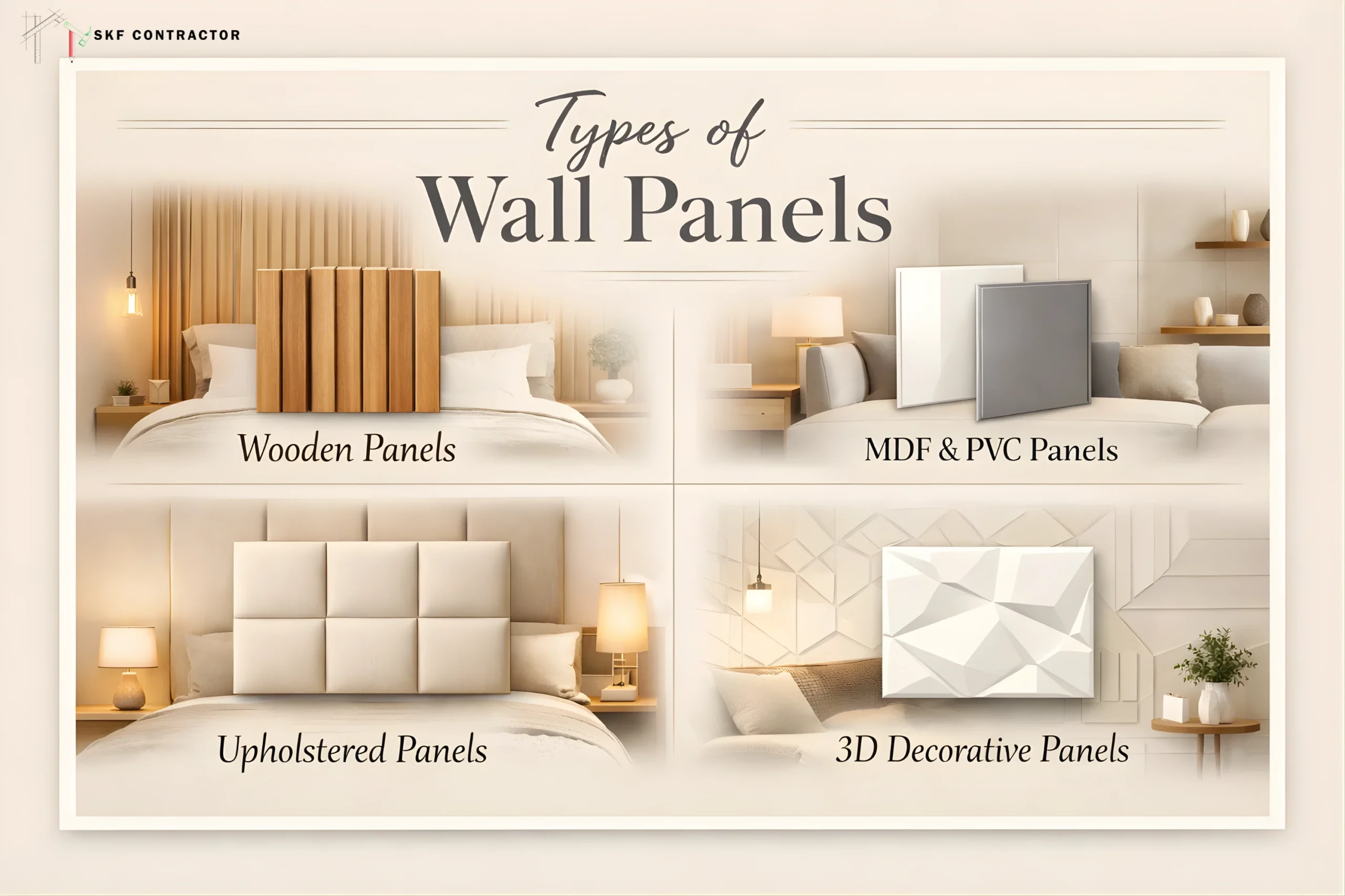 Comparison of different types of wall panels for bedroom interiors including wooden, MDF, PVC, upholstered, and 3D