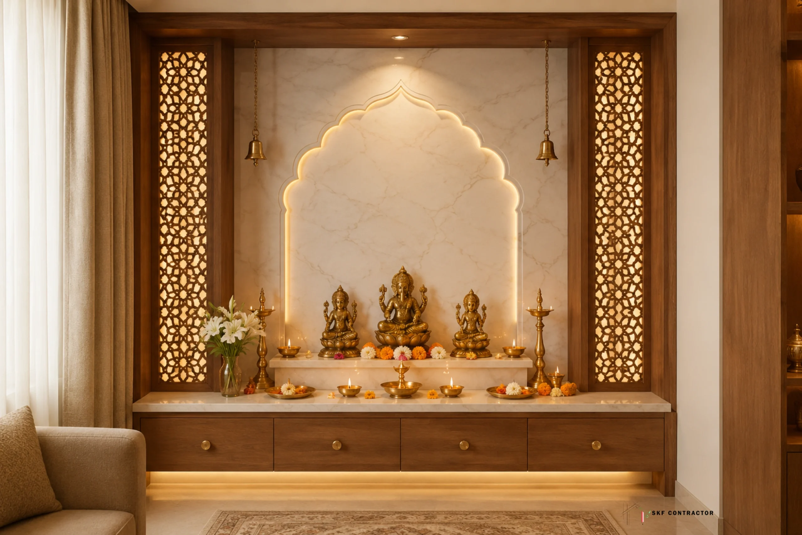 Modern Hindu prayer room with wooden jali panels, marble backdrop, and golden deity statues for home mandir design.