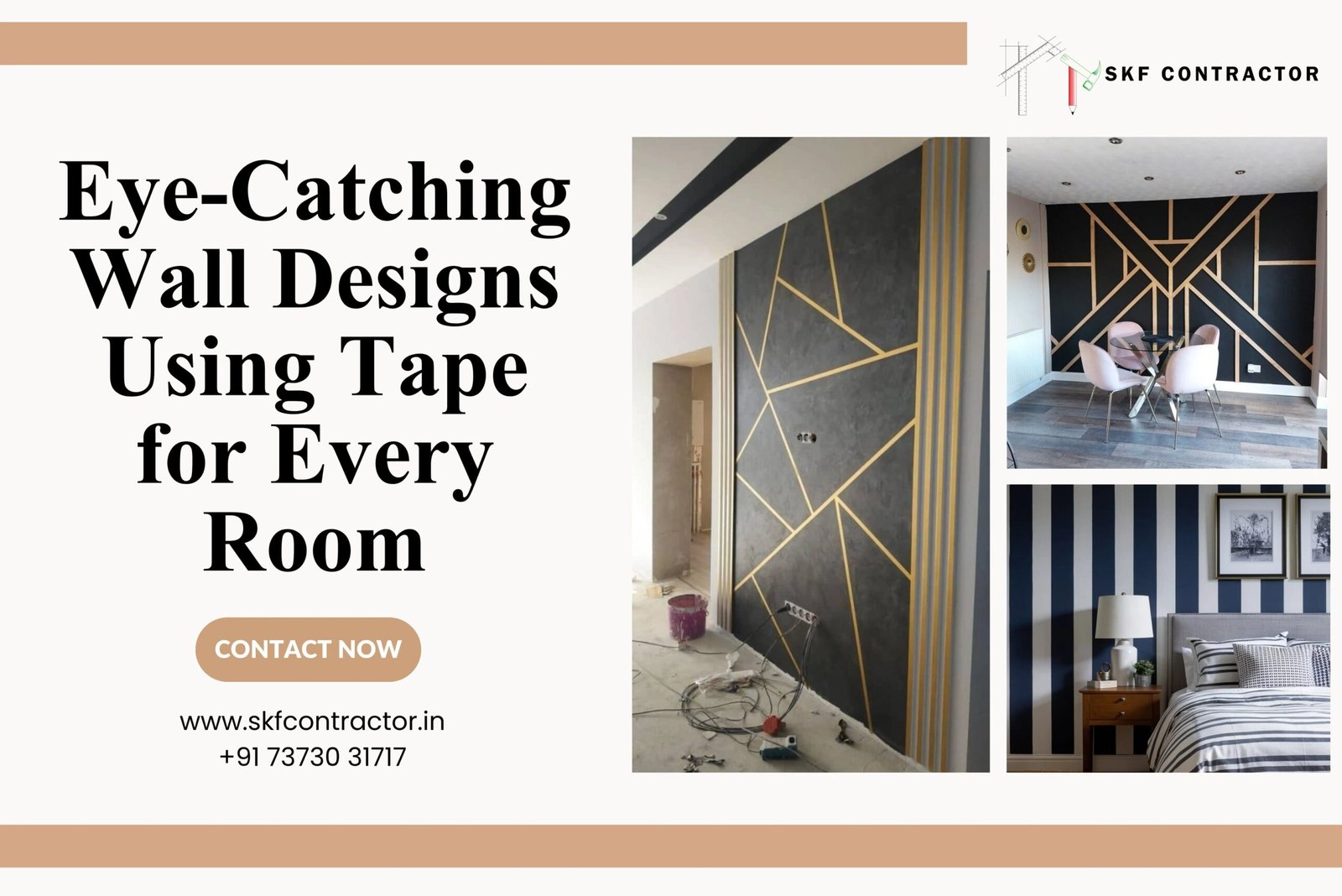 Creative wall design ideas featuring geometric gold tape patterns on dark accent walls for home interior decor.