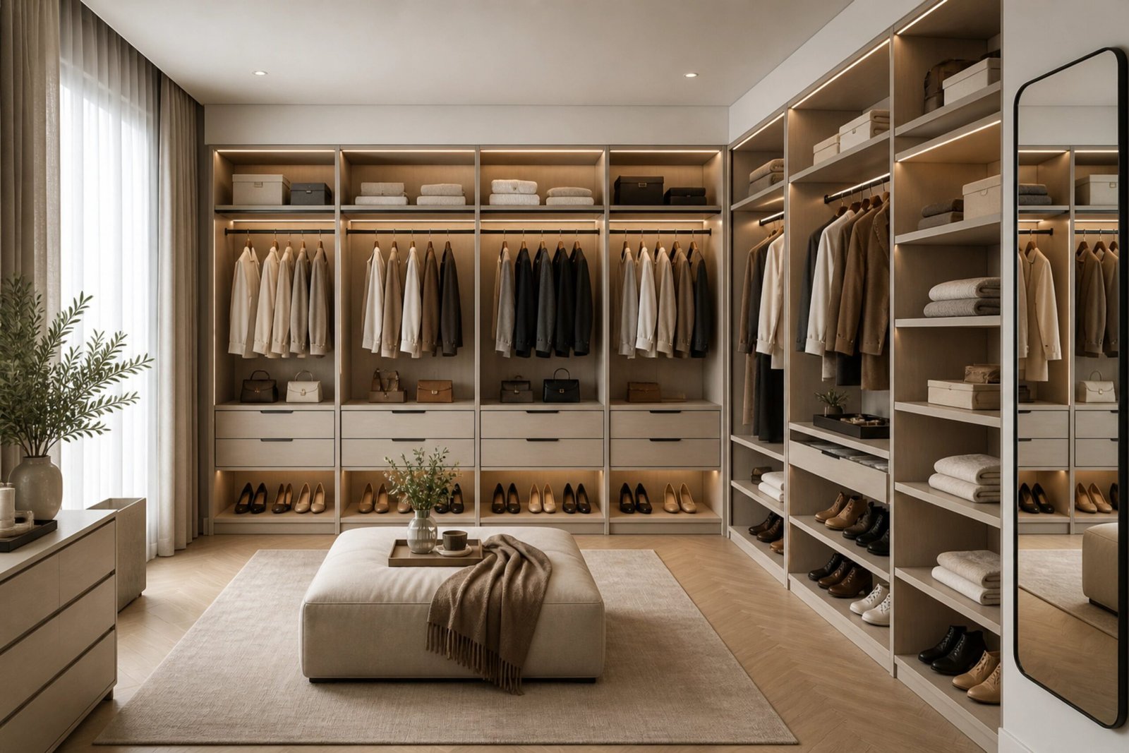 Luxury walk-in closet featuring custom shelving, integrated LED lighting, and a modern ottoman.