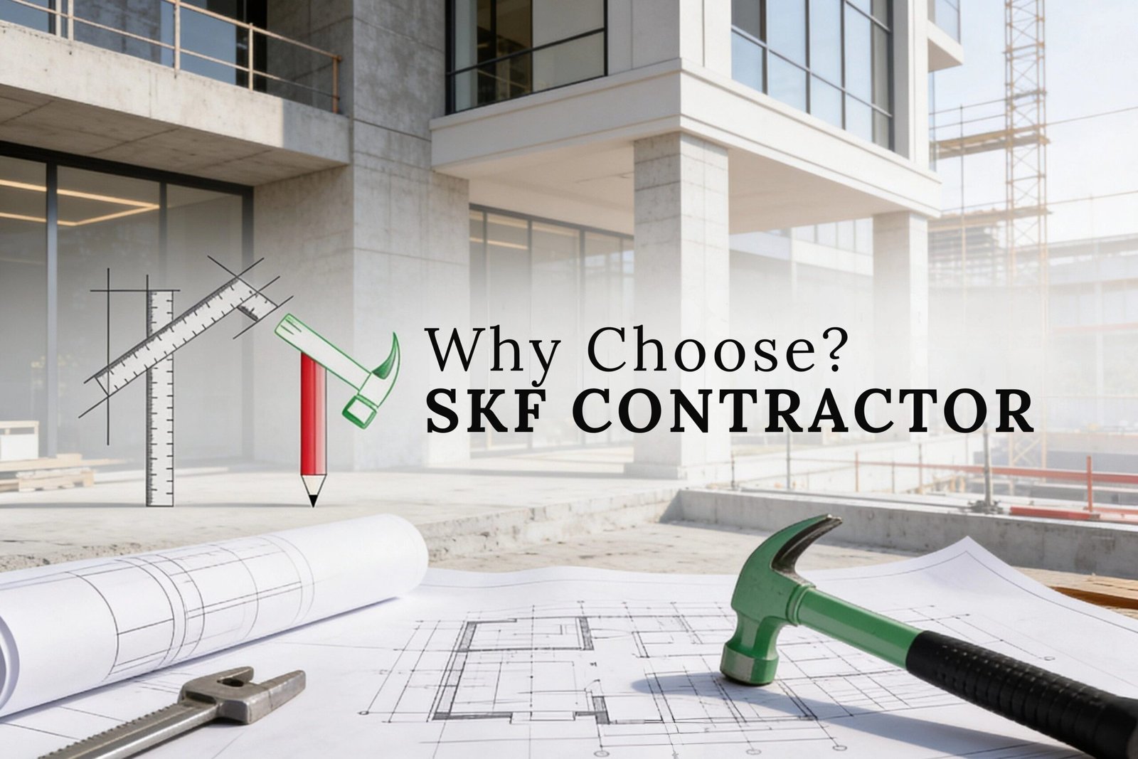 SKF Contractor construction blueprints with a hammer on a modern building site.